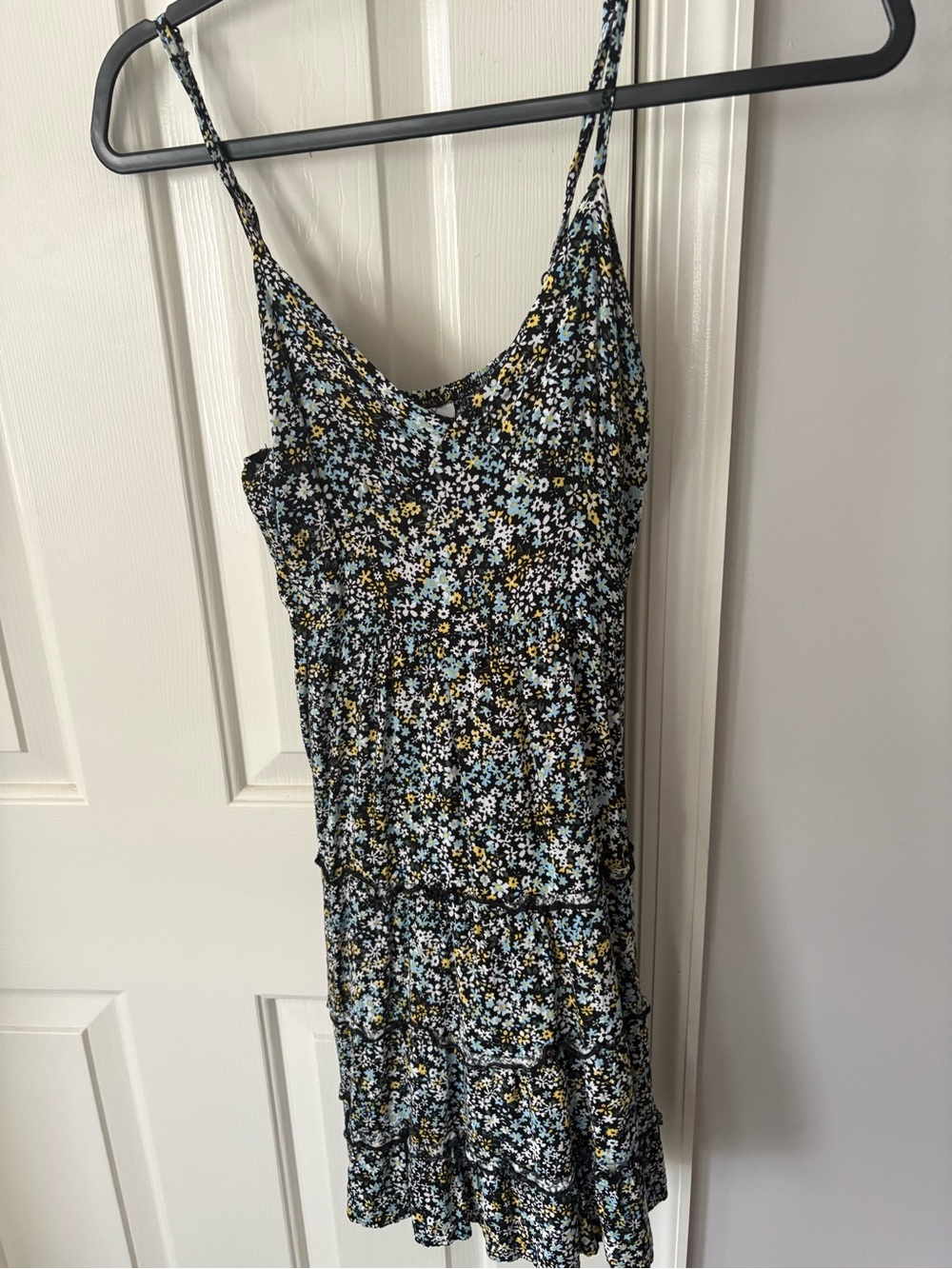 Black Floral Spaghetti Strap Mini Dress - Casual Tiered Silhouette